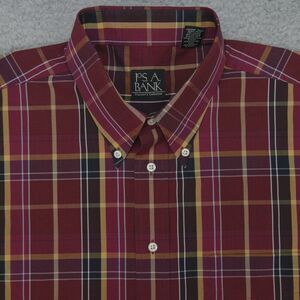 Jos A Bank Traveler Shirt Mens Large Wine Red Plaid Long Sleeve Button Down
